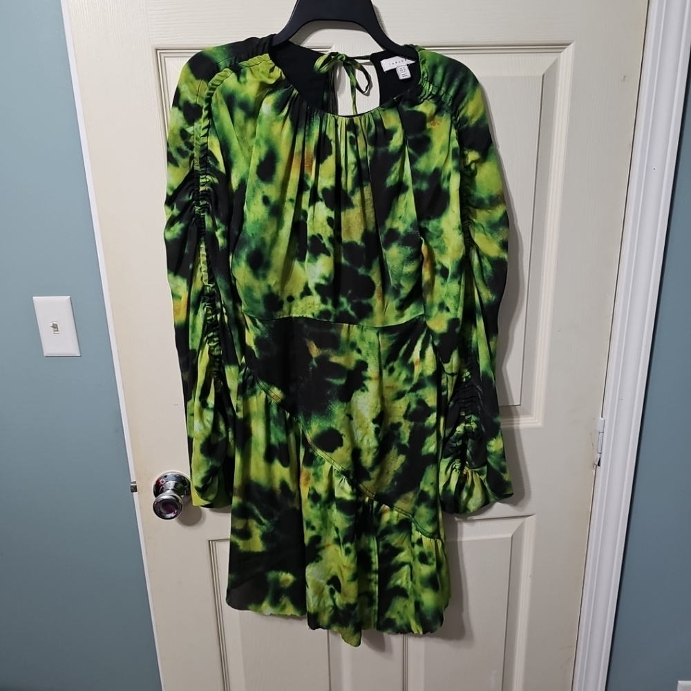 Topshop Tie-Dye Print‎ Runched Split Long Balloon Sleeve Tea Dress Green Size 4